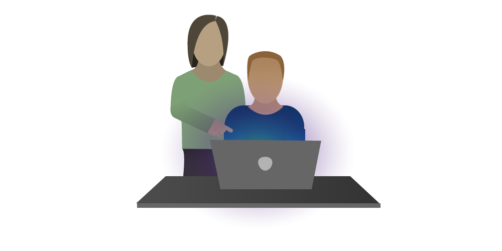 Icon of a male scientist sitting at a computer with a female scientist standing behind training them on how to use software