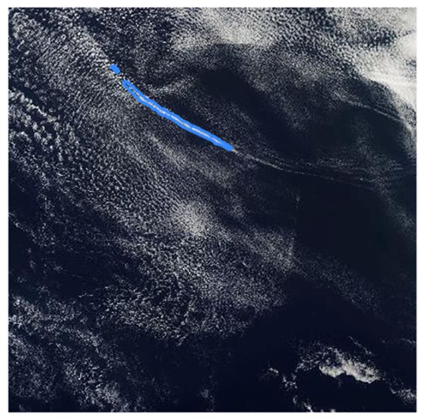 A dark box with white cloud formations in the top right corner. A ship track, a white line highlighted with blue ink to stand out is shown in a diagonal from top left to bottom right corner of the square.