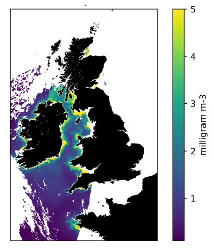 Chlorophyll concentration over the UK on the 22nd February 2021 derived from Copernicus Sentinel 3A OLCI data using the updated OC4ME Algorithm