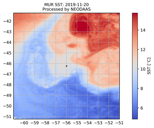 Sea Surface Temperature (SST) data from the Multiscale Ultrahigh Resolution (MUR) multi sensor product.